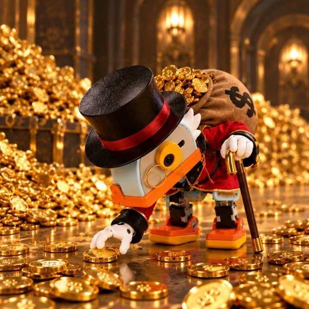 Microduck bending down for a coin on the floor