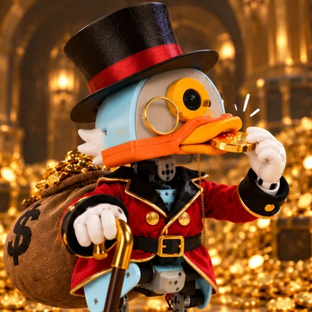 Microduck biting a gold coin