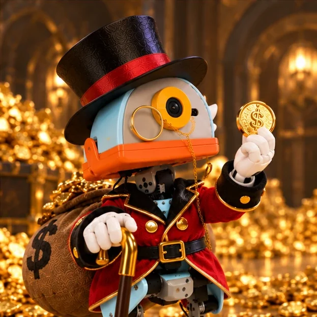 Microduck holding a coin up to the light