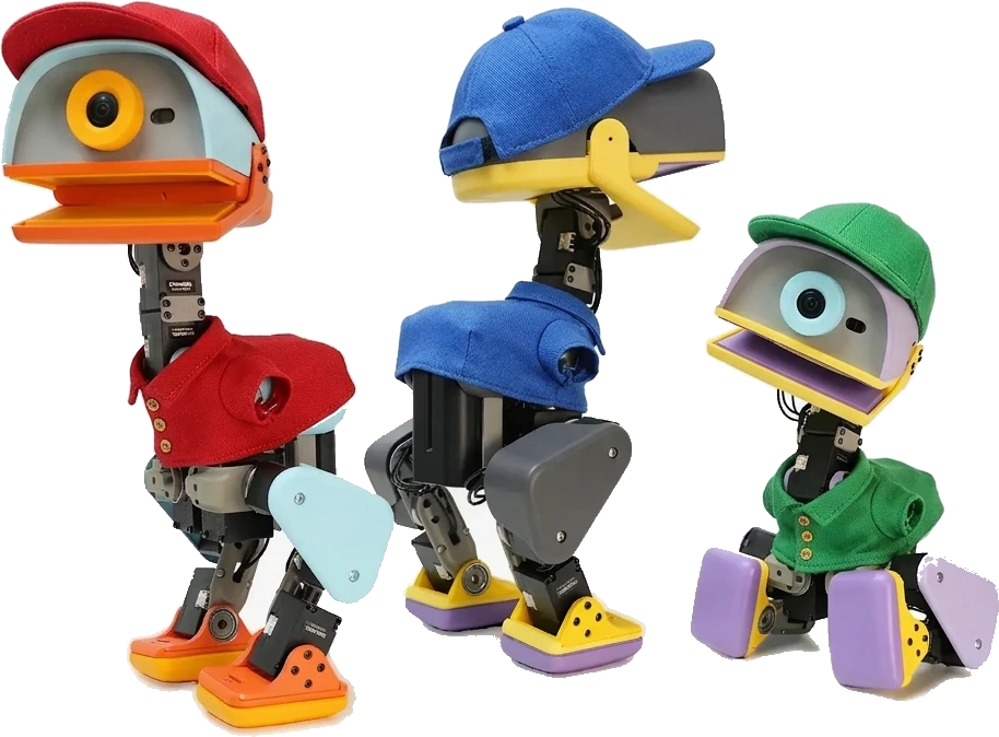 Three little robot ducklings in red, blue and green caps