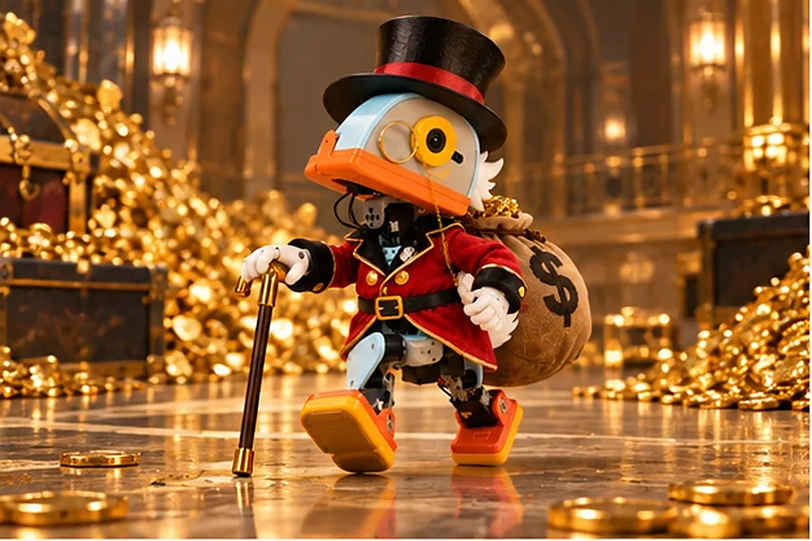 Microduck strolling through the vault with his cane and sack